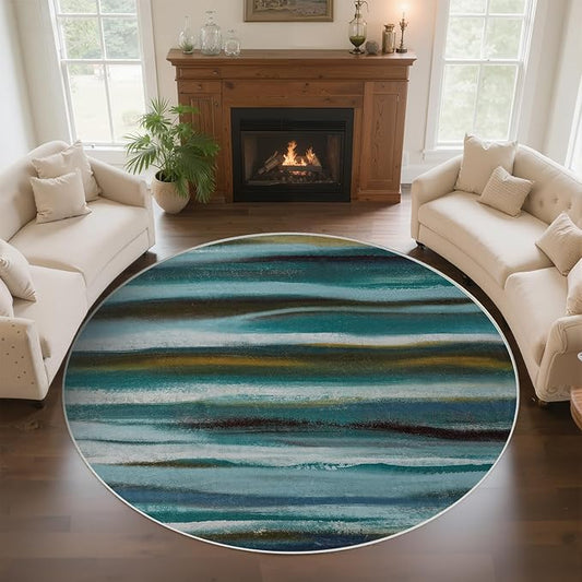 Round 5ft Abstract Rug, Modern Washable Indoor Circle Area Rugs for Living Room, Soft Circular Non-Slip Carpet Floor Mat for Entryway Dining Room Home Office - Stripe Teal