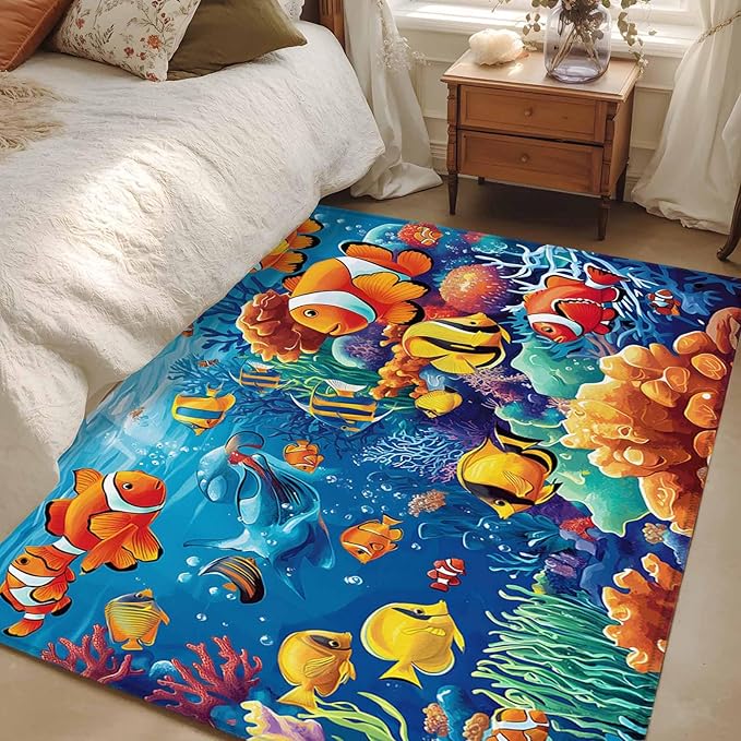 Ocean Marine 3'x5' Area Rugs, Life Fish Coral Seagrass Underwater Coastal Washable Area Rugs Non-Slip Indoor Floor Mats Carpet for Living Room Bedroom Dining Room