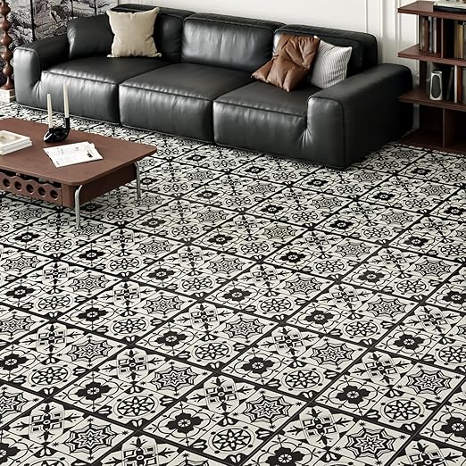 Wallercity Black Floral Peel and Stick Floor Tile for Bathroom Kitchen Vintage Boho Waterproof Floor Stickers Self Adhesive Removable Vinyl Flooring Tiles for Rooms Retro Floral Flooring Sheets 18PCS
