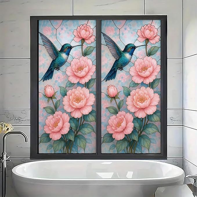 Peony Bird Privacy Film Floral Glass Panel Static Cling No Glue Decorative Cover Light Filtering for Bedroom Door Vanity Room Entryway 17.7x39.3 inch