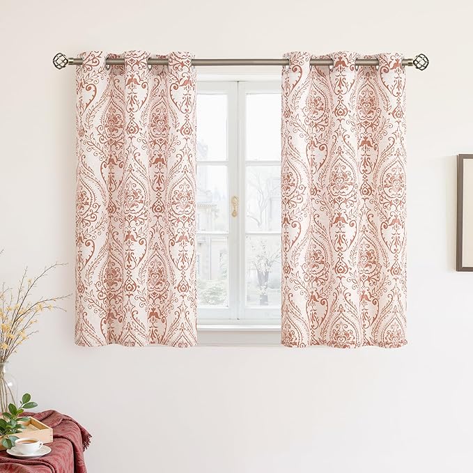 LAMIT Linen Curtains 40 inch Length for Small Windows, Light Filtering Semi Sheer Linen Curtains Grommet Vintage Damask Flower Pattern Drapes for Half Windows/Cafe, 2 Panels, 34 x 40 Inch, Terracotta