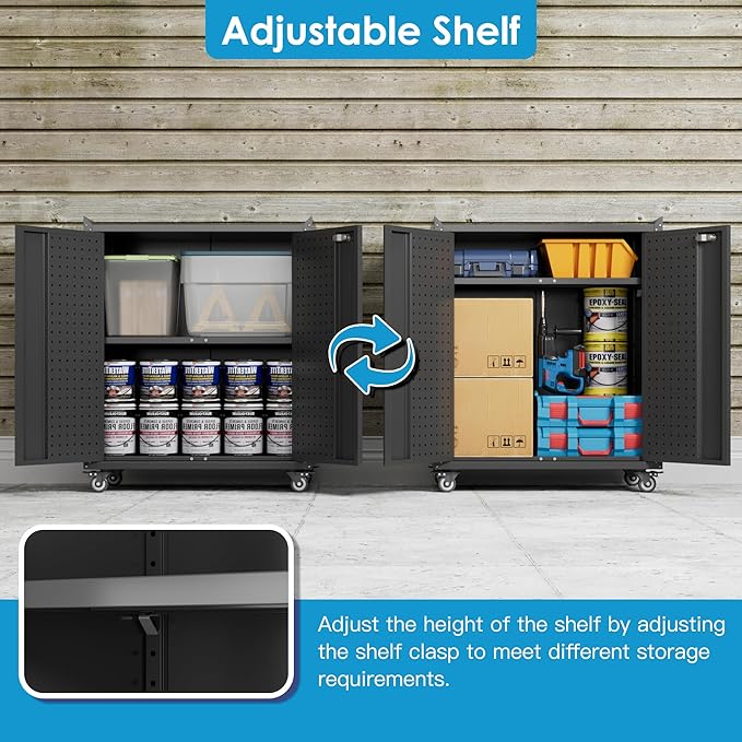Reemoon Metal Storage Cabinets with Door Pegboard,Lockable Garage Storage Cabinets with Wheels for Garage, Home, Office,Assembly Required,Black,13.8" D x 26" W x 31.5" H
