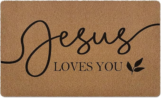 Christian Jesus Loves You Door Mat Bible Verse Scripture Easter Welcome Front Door Mat Indoor Outdoor Entrance Rustic Artificial Doormat Rugs for Church Prayer Room Entry Decor 18x30 inch