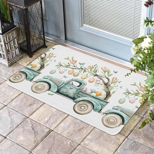 Spring Easter Eggs Tree Teal Green Farmhouse Truck Lucky Shamrock Doormat Bath Rug Welcome Mat Non-Slip Dust Floor Carpet for Kitchen Front Hall Lawn 18x30 inch