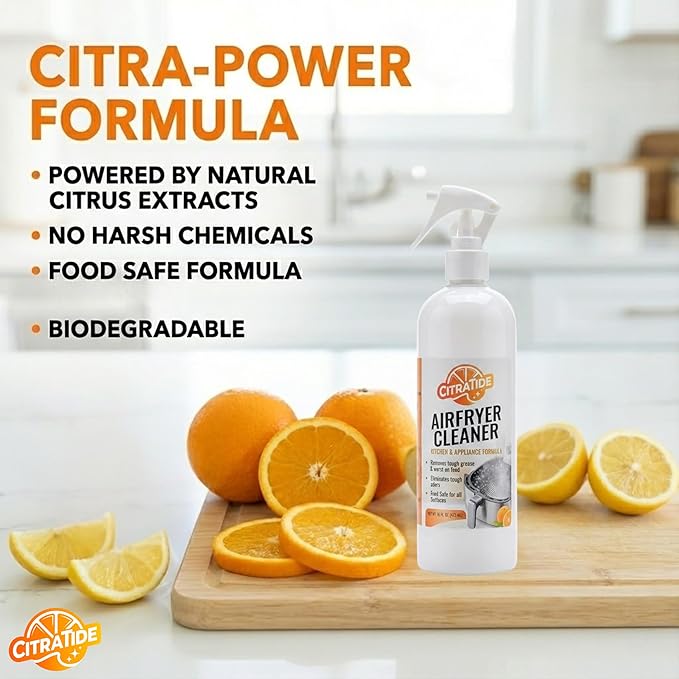 Air Fryer Cleaner Spray – Citrus Powered Grease Remover, Non-Toxic & Plant-Based, Cuts Baked-On Oil & Odor, Safe for Kitchen Appliances, USA Made – 16fl oz