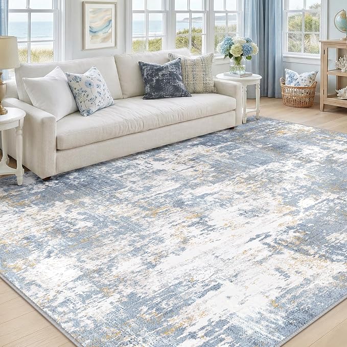RELEANY Washable Area Rugs 8'x10' Non-Slip Modern Abstract Soft for Living Room Entryway Bedroom Nursery, Print Pattern, Light Blue
