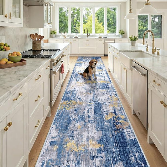 RELEANY Washable Area Rugs 3x12 Non-Slip Modern Abstract Soft for Living Room Entryway Bedroom Nursery, Print Pattern, Grey Blue Gold/Golden