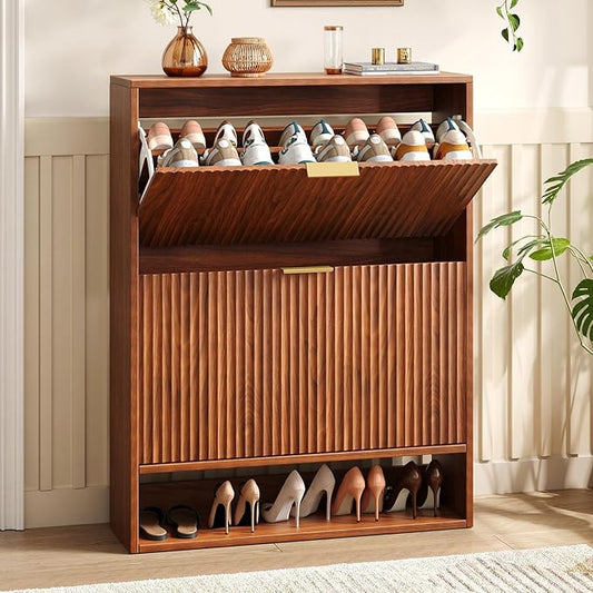 Hootata 31.5''W Walnut Shoe Storage Cabinet for Entryway with 2 Flip Drawers, Narrow Wood Fluted Shoe Rack Cabinet,Freestanding Slim Shoe Organizer Cabinet for Foyer, Hallway