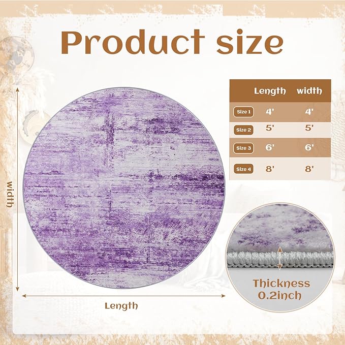Round 8ft Abstract Rug, Modern Washable Indoor Circle Area Rugs for Living Room, Soft Large Circular Non-Slip Carpet Floor Mat for Bedroom Dining Room Home Office - Abstract Purple