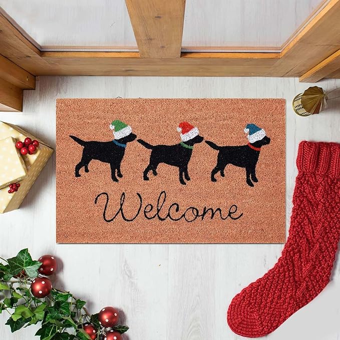 Welcome Dogs Christmas Door Mat, Xmas Rug Christmas Decorations, Non-Slip Dogs Welcome Doormat for Front Door, Indoor Outdoor Holiday Rug for Home Kitchen Floor Christmas Decor 16 X 24 Inch