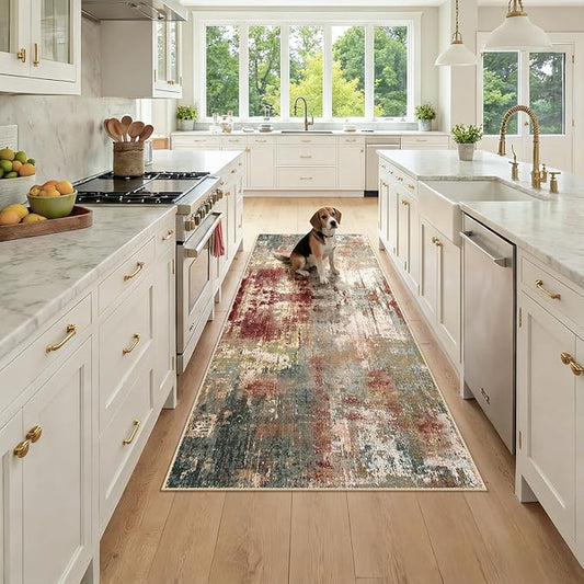 RELEANY Washable Area Rugs 3x7 Non-Slip Modern Abstract Soft for Living Room Entryway Bedroom Nursery, Print Pattern, Brown Rust Red Green Blue Multi