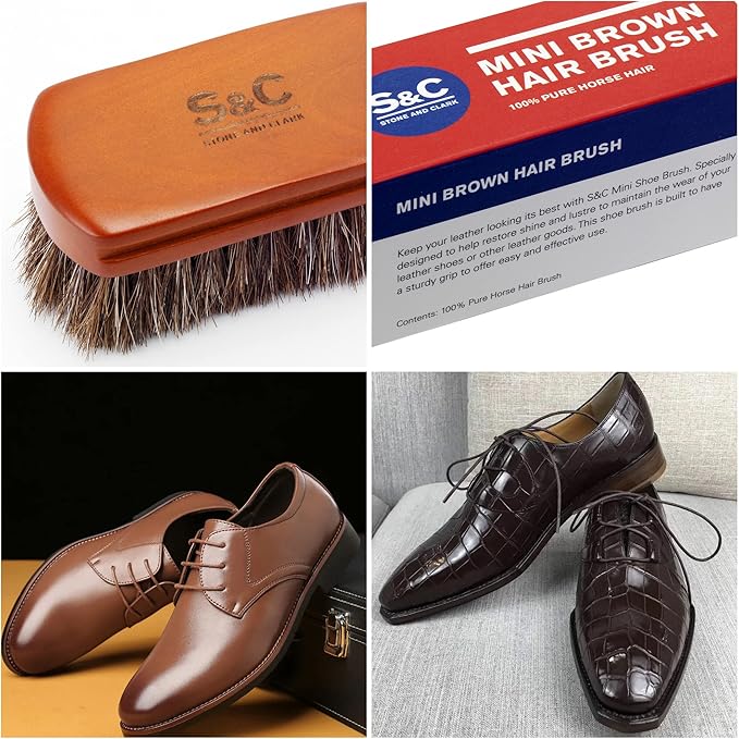 Mini 4" Shoe Brush - Portable Horse Hair Brush w/Natural Wood Handle - Soft Bristle Shoe Polish Brush for Cleaning, Buffing & Polishing Leather Shoes - Travel-Friendly Size Boot Brush