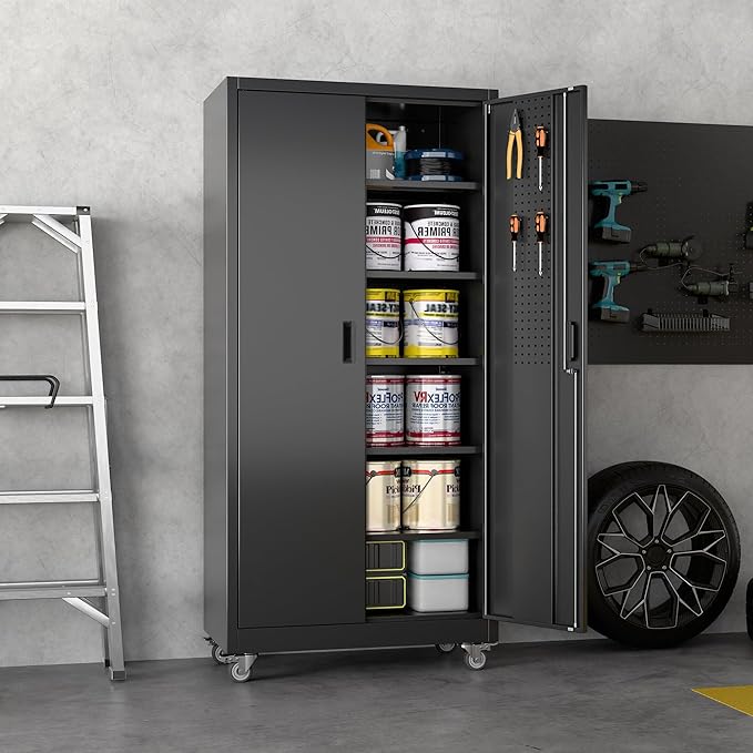 Reemoon Garage Storage Cabinet with Wheels, Metal Storage Cabinet with 5 Adjustable Shelves and Pegboard for Garage Home Utility Room,Required Assembly,Black，71" H×34" W×18" D
