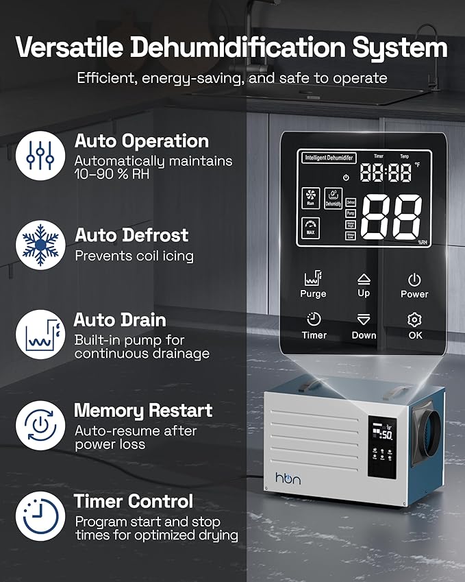 HBN Crawl space Dehumidifier 125 Pints with Pump and Drain Hose, Industrial Dehumidifier for Basement and Commercial up to 5900 Sq. Ft, Large Capacity, Built-in 24-Hour Timer