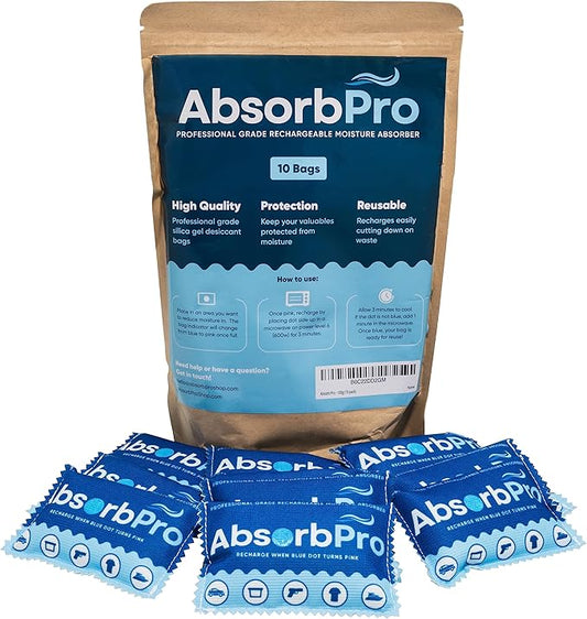 Absorb Pro Rechargeable Dehumidifier Bag 10-Pack - 100g Reusable Moisture Absorbers - Silica Gel Packets for Bins, Totes, Gun Safe, Food Storage, Clothes, Cars, and Boats