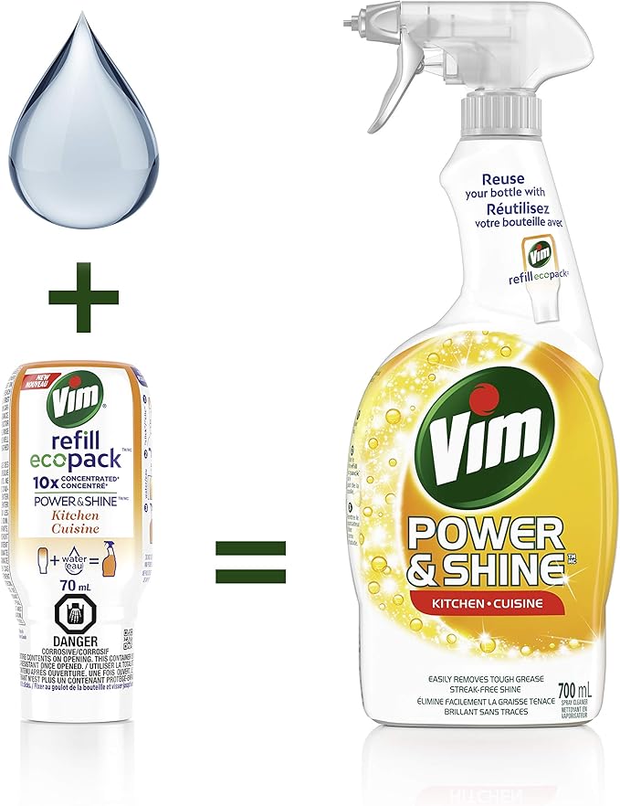 Vim Refill EcoPack Power & Shine Kitchen 10x Concentrated to Reuse Your Spray Bottle for Tough Grease and Streak Free Shine 70 mL