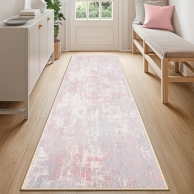 RELEANY Washable Area Rugs 2'x10' Non-Slip Modern Abstract Soft for Living Room Entryway Bedroom Nursery, Print Pattern, Grey Pink