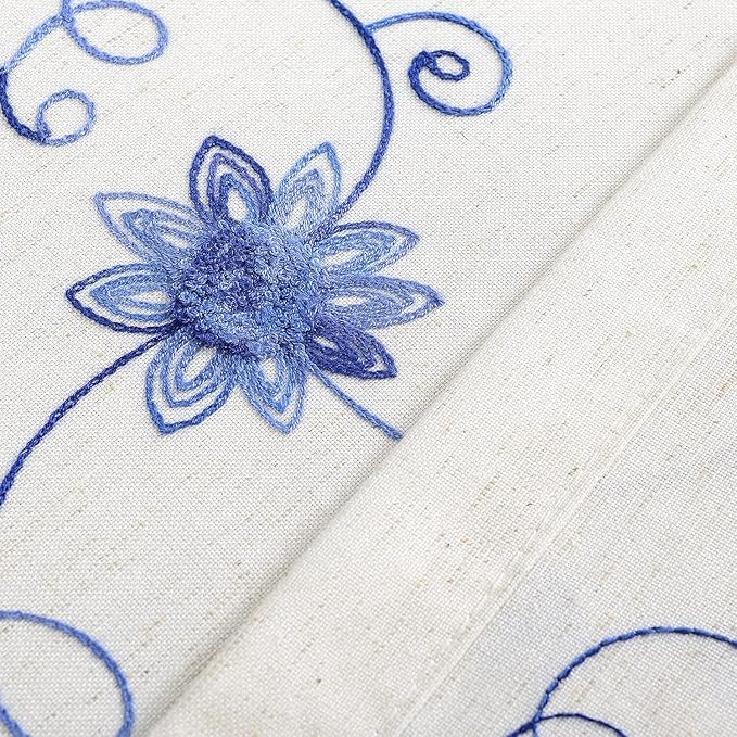 VOGOL French Door Curtains, Rod Pocket Light Filtering Curtains for Doors with Glass Window, Blue Foral Embroidery Design for Kitchen Patio Doors, 25 x 72 Inches, 1 Panel