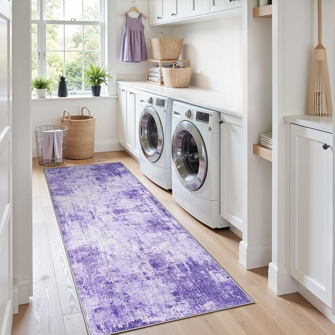 RELEANY Washable Area Rugs 2'x10' Non-Slip Modern Abstract Soft for Living Room Entryway Bedroom Nursery, Print Pattern, Purple Gray Pink White