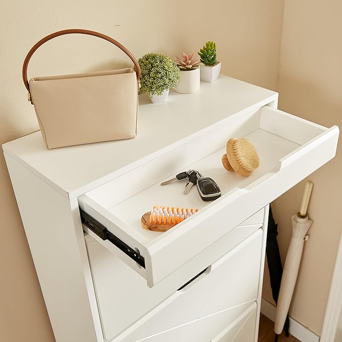 Shoe Cabinet with 3 Flip Drawers, Shoe Storage Cabinet with Open Shelf and Top Drawer, Free Standing Shoe Rack Storage Organizer for Entryway, Hallway, White