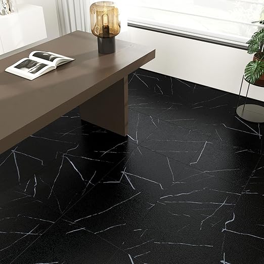 Wallercity Marble Black Peel and Stick Floor Tile 16PCS Self Adhesive Waterproof Stick on Floor Tiles Vinyl Flooring Stickers for Kitchen Bathroom Living Room 12''x12'' Matte Marble Black Tiles Sheets