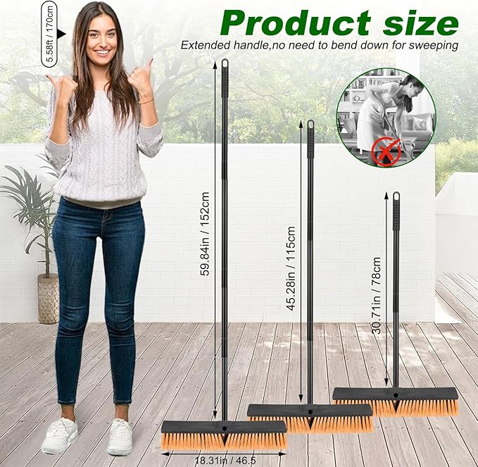 18 Inches Push Broom Outdoor- Heavy Duty Commercial Broom with 64.5" Long Handle and Stiff Bristles for Patio Garage Deck Concrete Wood Stone Tile Driveway Yard Warehouse Shop Floor Cleaning Broom