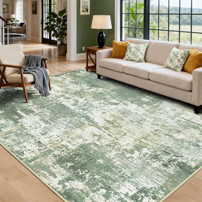 RELEANY Washable Area Rugs 5'x7' Non-Slip Modern Abstract Soft for Living Room Entryway Bedroom Nursery, Print Pattern, Light Green/Yellow