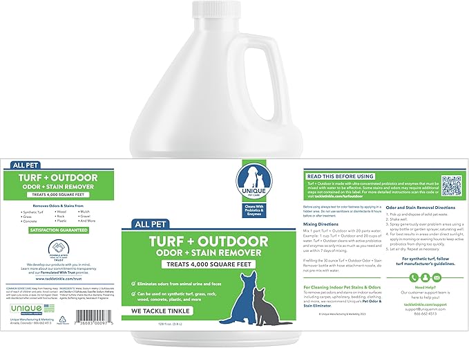 Unique Turf & Outdoor Odor and Stain Remover, Turf Cleaner for Pet Urine Outdoor Dog Odor Eliminator, 128 oz. Bio-Enzymatic Liquid Concentrate