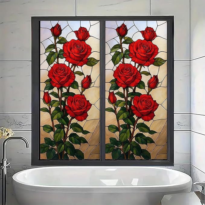 Red Rose Privacy Film Stained Glass Style Static Cling No Glue Decorative Panel Light Filtering Cover for Living Room Door Entryway 17.7x39.3 inch