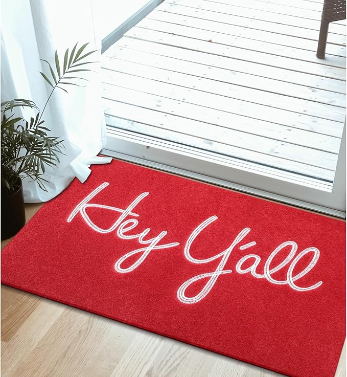 Hey Y'all Outdoor & Indoor Heavy-Duty Doormat - Red, 36" x 24" Low-Profile Entrance Mat