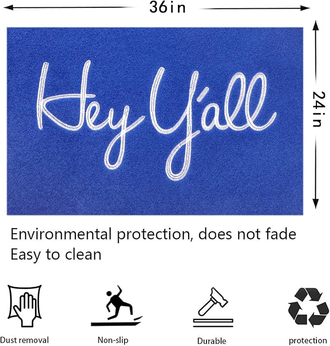 Front Doormat, Blue Hey Y'all Indoor Outdoor Heavy Duty Backing Door Mats Non Slip Absorbent Resist Dirt Entrance Doormats for Home Decor Entryway Patio 36" x 24"
