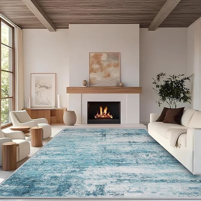 5x7 Abstract Area Rugs for Living Room, Modern Teal Grey Washable Indoor Rug for Bedroom, Thin Soft Large Non-Slip Carpet for Dining Room Home Office Farmhouse Decor - Teal+Gray
