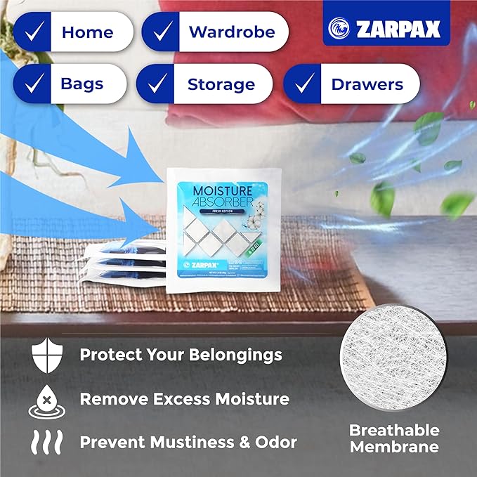 Zarpax Moisture Absorber Sachets Fresh Cotton 1.4 oz/40g - Remove Excess Moisture In Air & Odor - Desiccant Dehumidifier for Closet, Drawer, Safe, Storage - Dampness & Humidity Control - Set of 15