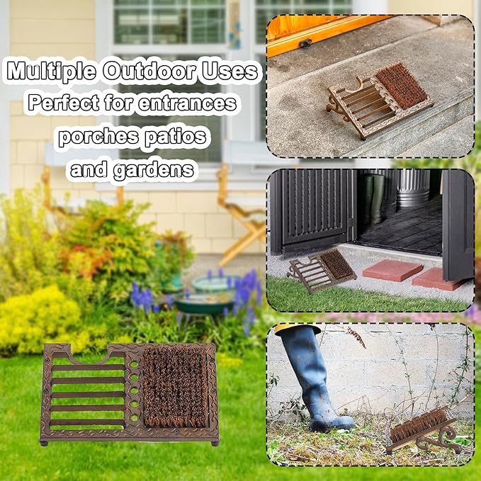 Cast Iron Boot Brush Scraper Outdoor, Heavy Duty Boot Scrubber Brush with Angled Design, Outdoor Shoe Scrapers with Brushes, All Weather Boot Scraper for Home Porch Entryway Garden (Brown)