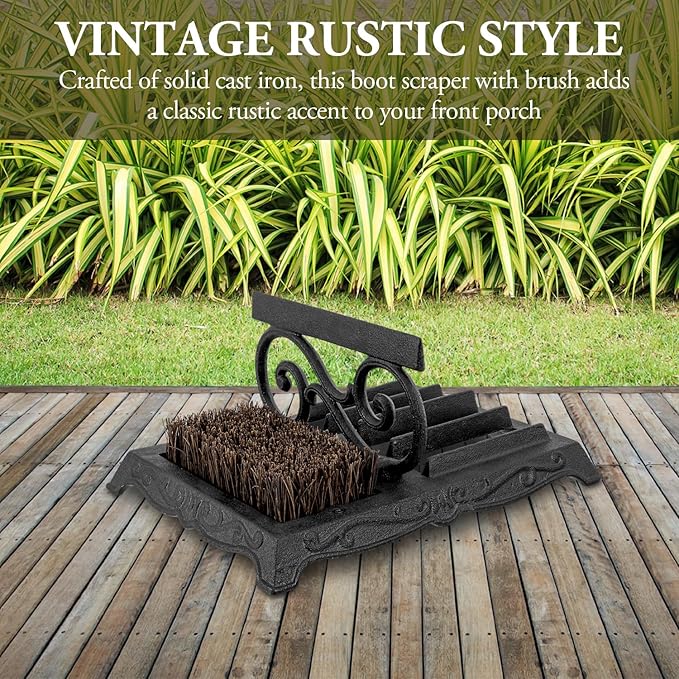 MyGift Boot Brush Scraper Outdoor, Heavy Duty Cast Iron Shoe Scrubber Mat, Footwear Bottom Dirt Cleaner and Mud Puller for Porch or Patio, Vintage Black