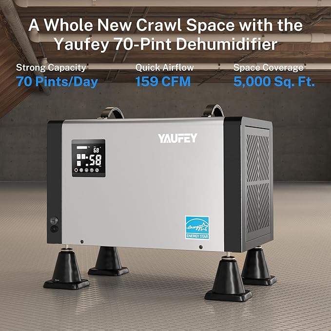 Yaufey 70 Pint Energy Star Commercial Dehumidifier for Crawl Space, Basement, Industrial, up to 5,000 Sq. Ft., 10%-98% RH Humidity Control, Auto Defrost, TUV Certified, 5-Year Coverage