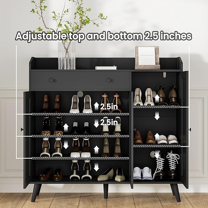 DIYART Black Large Shoe Cabinet fit up to Shoe Size 16, Shoe Storage Cabinet with 3 Doors and 1 Drawer, Wooden Shoe Organizer for entryway