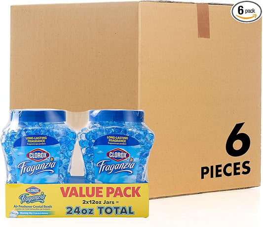 Clorox Fraganzia Crystal Beads Air Freshener Twin Pack, Long Lasting Room Deodorizer and Odor Eliminator Gel Beads for Home, Car, or Office, Morning Sky Scent, 24 Fl Oz - 6 Pack