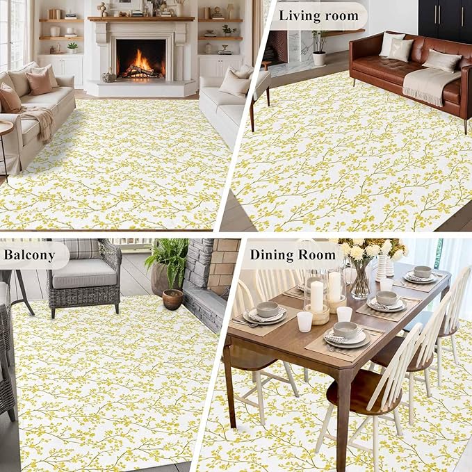 Flowers 5'x8' Large Area Rugs, Branches Washable Area Rugs Non-Slip Indoor Floor Mats Large Carpet for Living Room Bedroom Dining Room