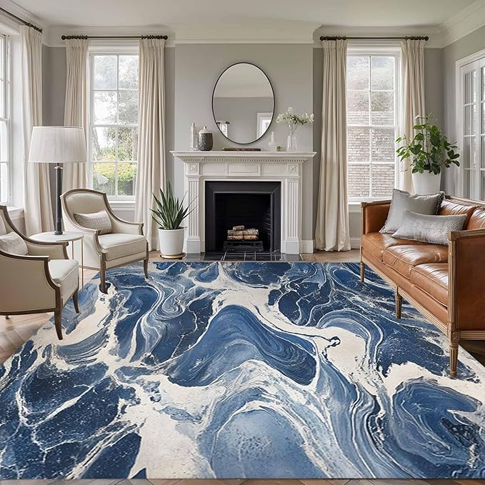 Impressionist Style 8'x10' Large Area Rugs, White Blue Blurred Wash Washable Area Rugs Non-Slip Indoor Floor Mats Large Carpet for Living Room Bedroom Dining Room