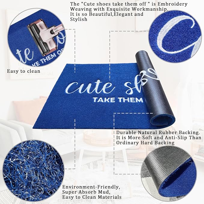 Outdoor Welcome Mat for Funny Outside Home Entry Mats Cute Shoes Take Them Off Entryway for Bedroom Shoe Scraper Non Slip Mats for Front Home Door Outside Blue