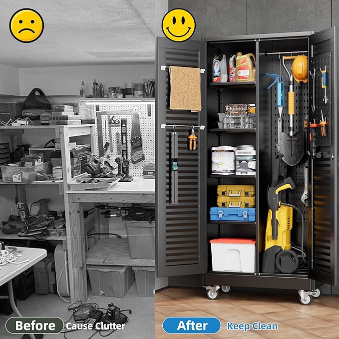 Reemoon Mop and Broom Closet Storage Cabinet with Wheels and Pegboard,Metal Garage Storage Cabinet with Doors and Adjustable Shelves for Garage Home,Required Assembly,Black