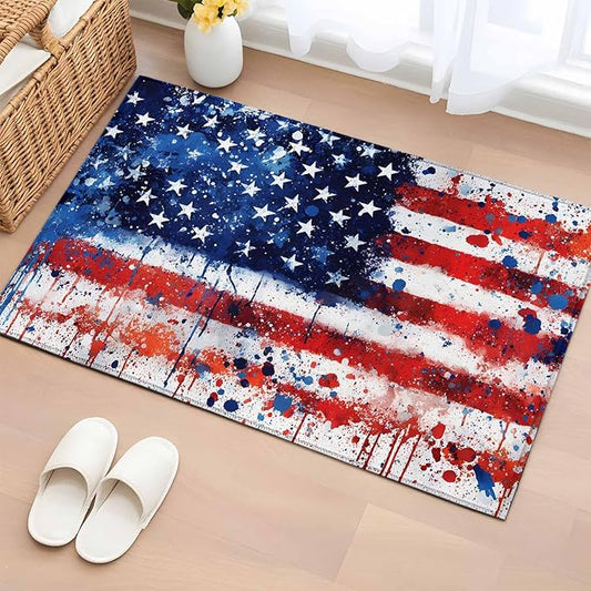Mottled Red Blue White Stars Painted Flag Entryway Rug 2'x3', Small Area Rug Non-Slip Front Door Mat Washable Floor Carpet for Indoor Entrance Kitchen Bathroom