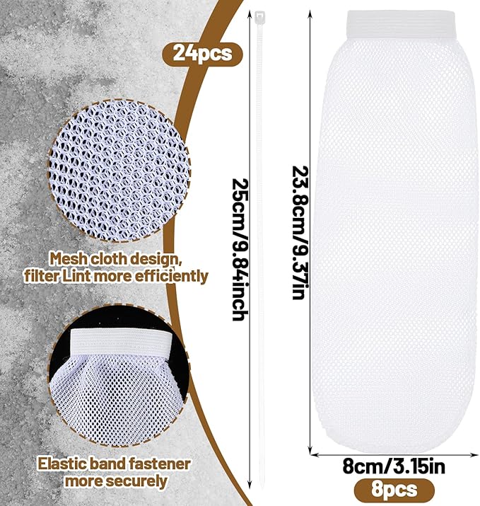 32Pcs Sturdy Lint Traps for Washing Machine Hose, Includes 8 Nylon Washer Hose Lint Trap Mesh and 24 Cable Ties, White Washer Lints Catcher for Home Sink Drain System Hoses Screen Filter (White)