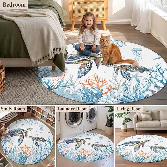 Sea Turtle Round Rug 4 Ft, Seagrass Coral Starfish Circle Area Rugs Washable Non Slip Indoor Floor Mats Carpet for Living Room Bedroom Dining Room Home Decor