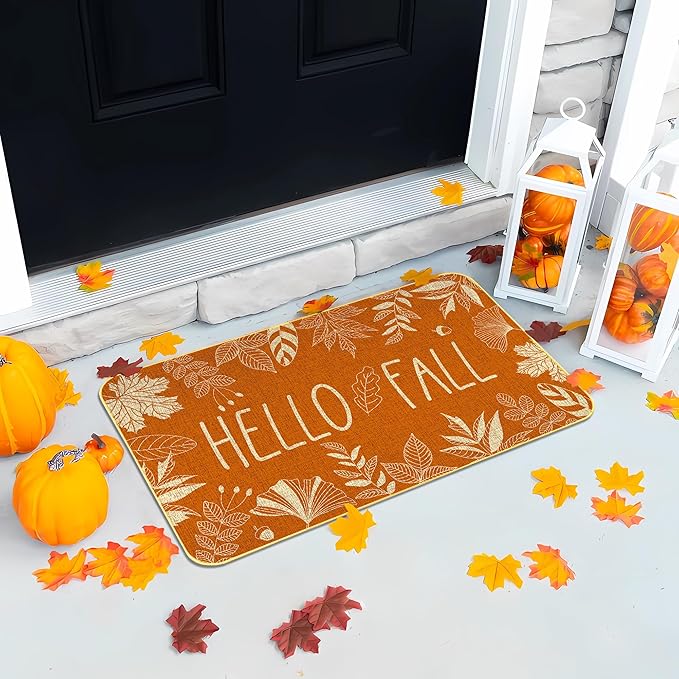 KORVITA Hello Fall Welcome Door Mat Thanksgiving Day Floor Mat Autumn Indoor Outdoor Entrance Mat Bathroom Non-Slip Greeting Party Decorations 17 X 29 Inches