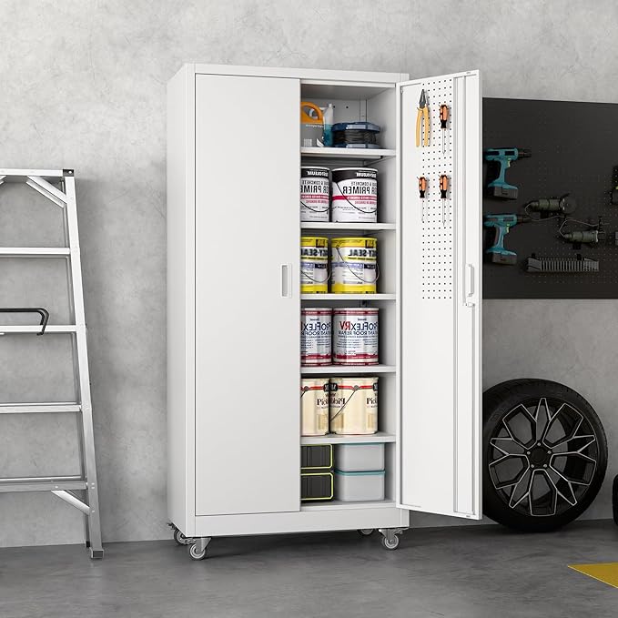 Reemoon 71" H Garage Storage Cabinet with Wheel, Metal Storage Cabinet with Doors,5 Adjustable Shelves and Pegboard for Garage Home Office,Required Assembly,White,71" H×32" W×16" D