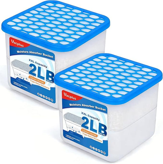 Vacplus 2LB Moisture Absorbers Bucket - Large Capacity Moisture Absorber with Calcium Chloride Crystals, Effective Dehumidifier for Basement, Closet & Bathroom, 2 Packs