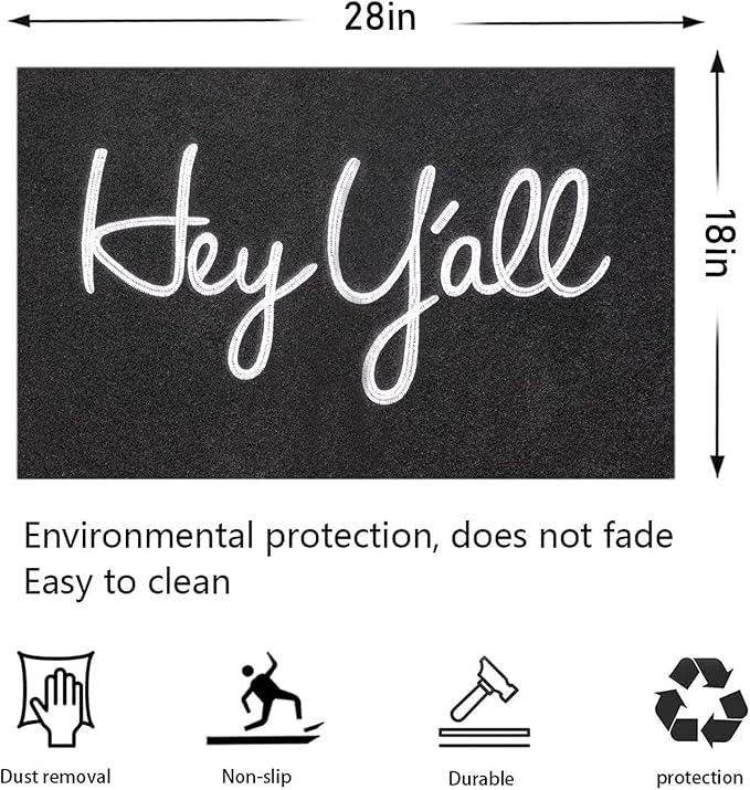 Outdoor Welcome Mat Entryway Hey Y'all Mats for Front Door Mats, with Rubber Backing Doormat Indoor Mat Polystyrene Non Slip Natural Mat Black 28" x 18"