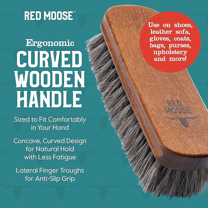 Horsehair Shoe Brush - Shoe Polish Brush for Leather, Boots, Shine - Red Moose